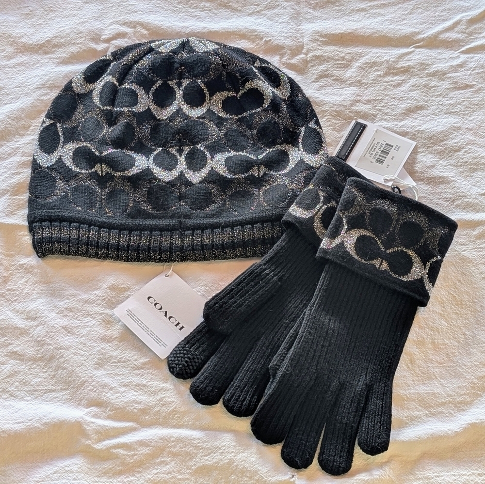Coach Black and Gray Knit Gloves and Hat Set